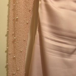 Long sleeve embellished a-line mini dress in blush